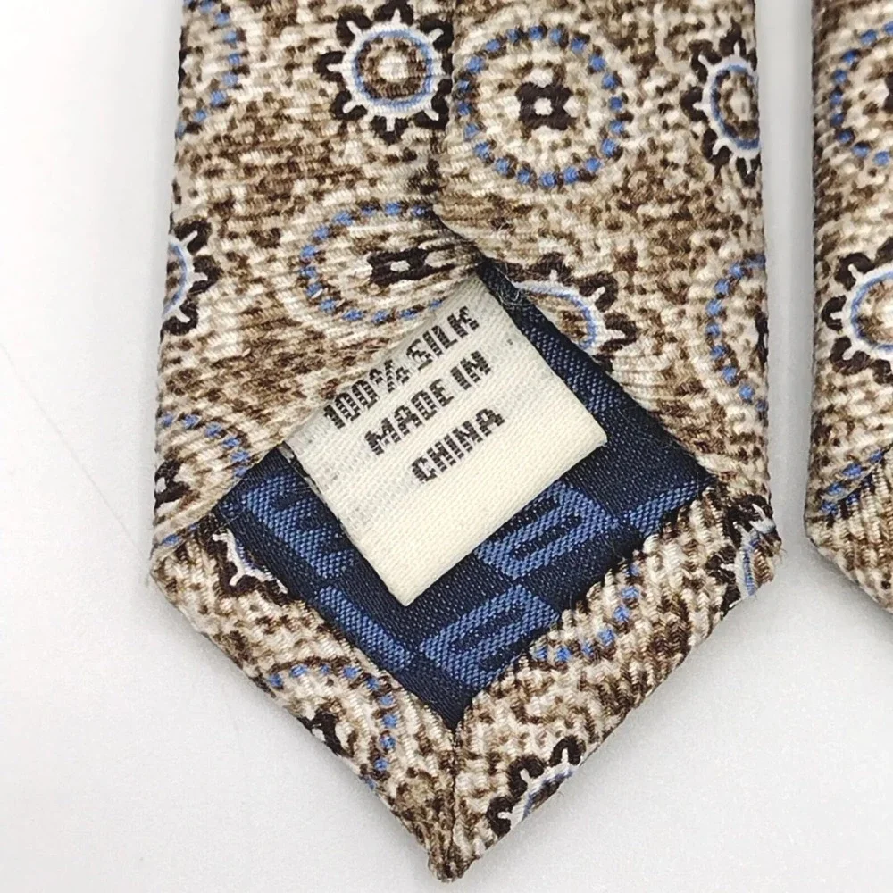 Joseph Abboud Mens OS Necktie Tan Brown Blue Silk Geometric Medallion Print Tie